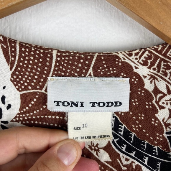 Vintage 70s Toni Todd Brown Black Floral Safari Faux Wrap Knee Dress Women's 10 - Picture 3 of 12